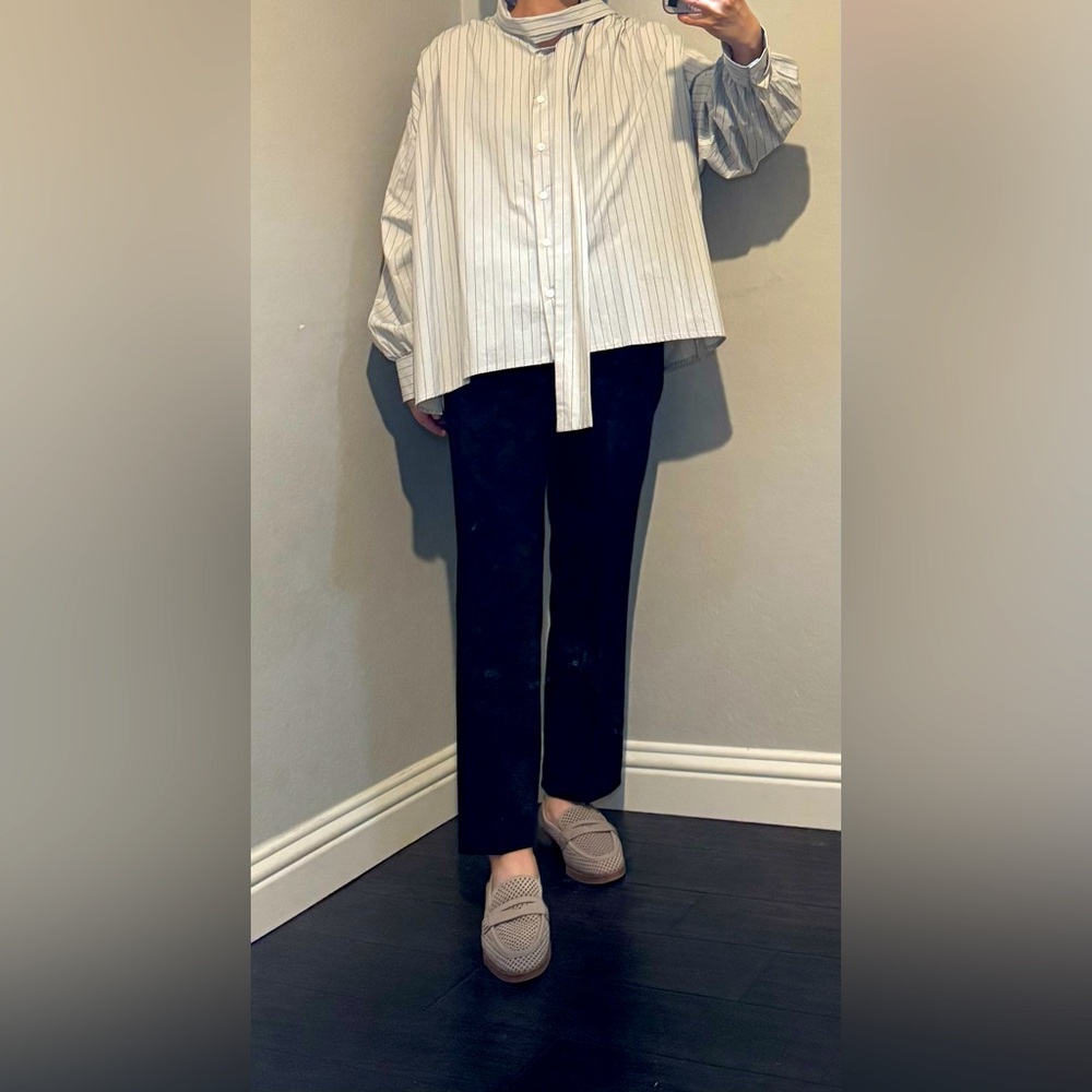 Striped Button-Up Blouse with a scarf